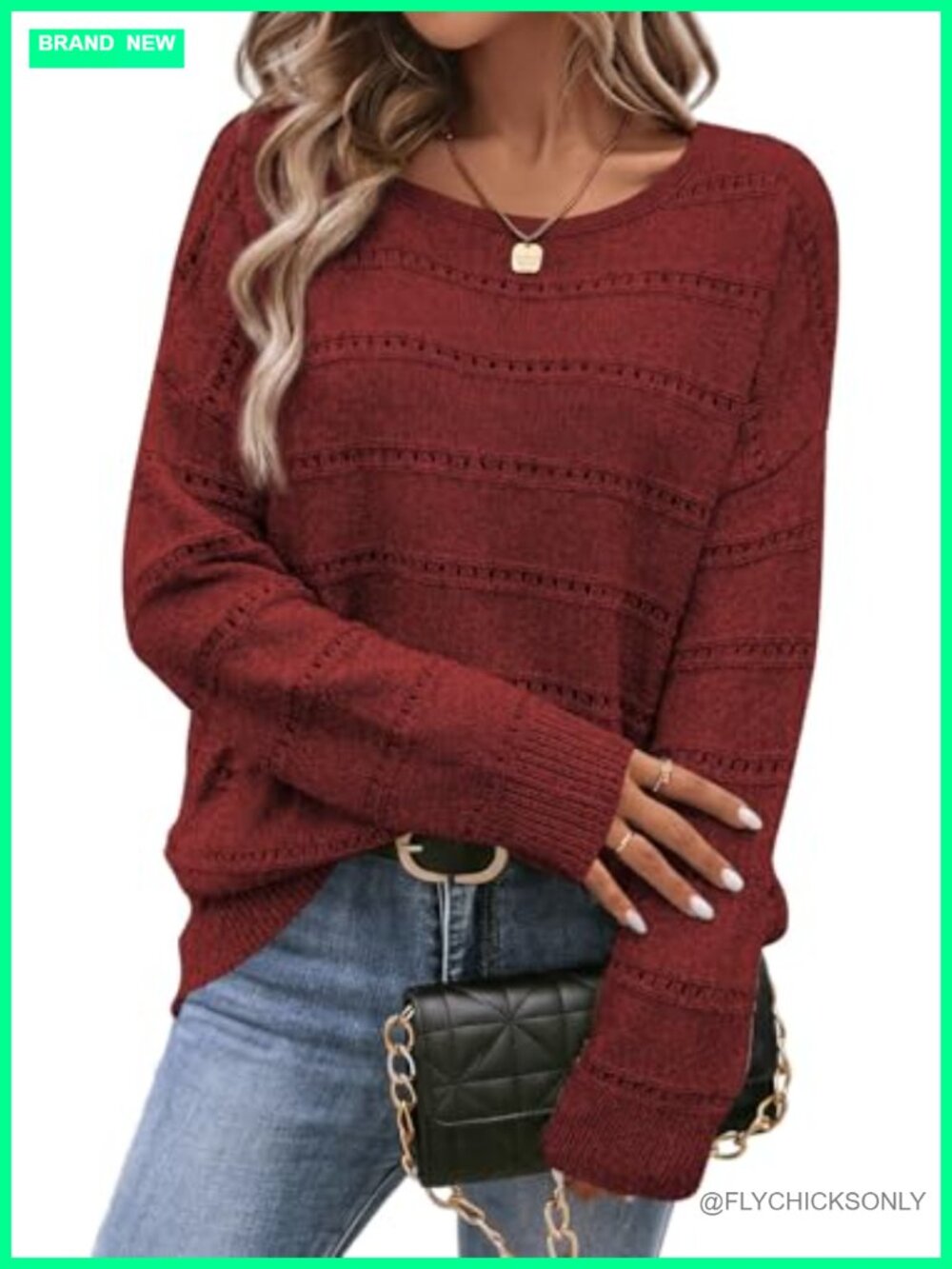Hollow Out Knit Crewneck Sweater Long Sleeve Drop Shoulder Lightweight